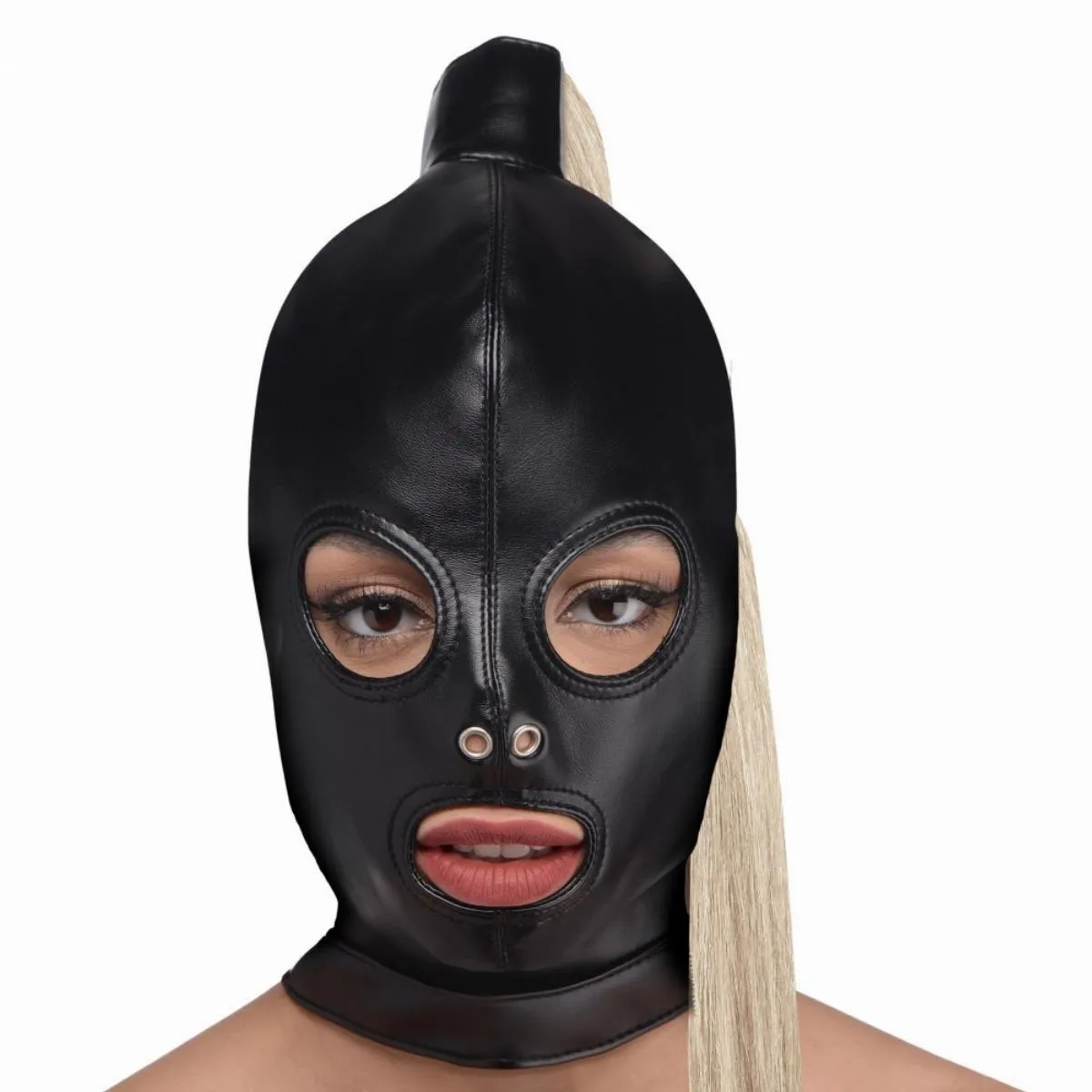 Blonde Pferdeschwanz Bondage Haube - Schwarz