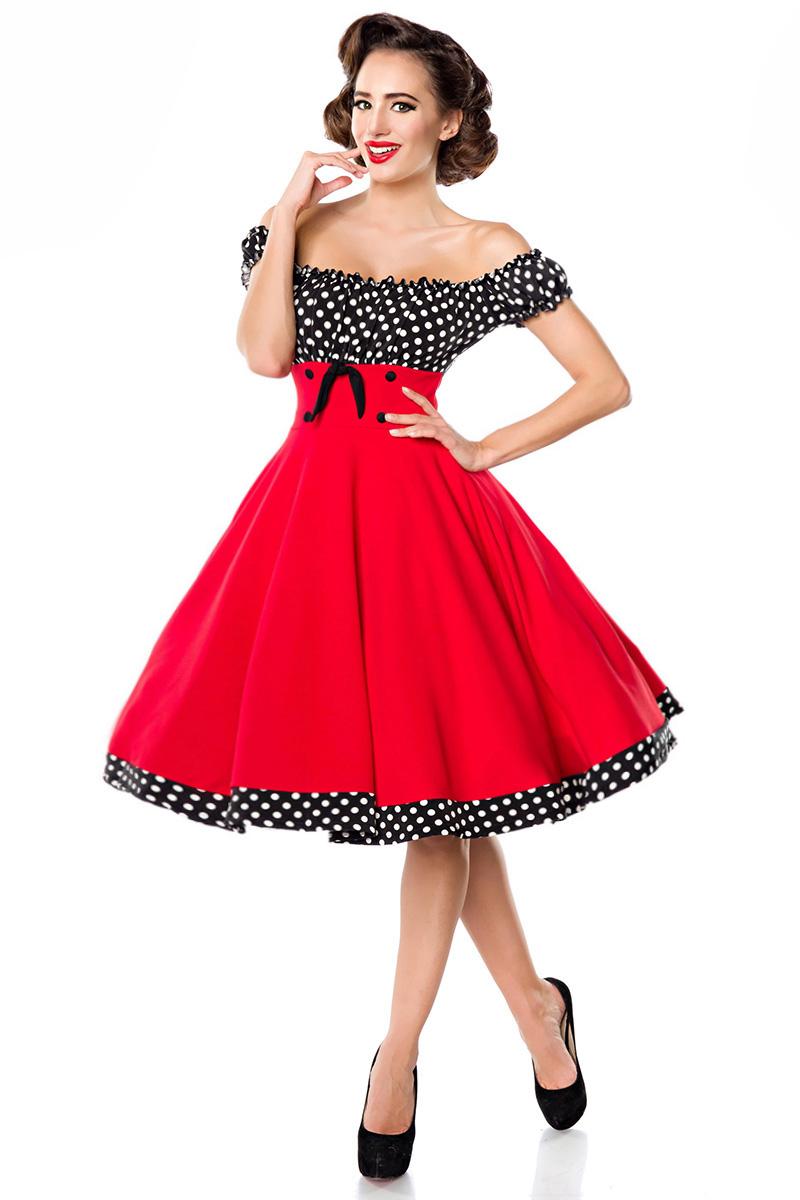 schulterfreies Swing-Kleid rot/schwarz/weiß S